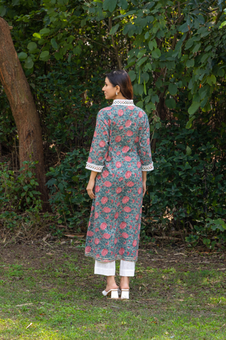Naseebo Dusky Petals Hand Block Printed Cotton Kurta Set