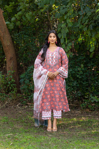 Naseebo Rose Grace Hand Block Printed Cotton Kurta Set