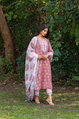 Naseebo Rose Grace Hand Block Printed Cotton Kurta Set