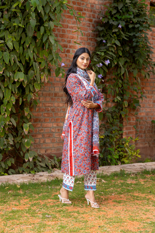 Naseebo Sapphire Blossom Hand Block Printed Cotton Kurta Set