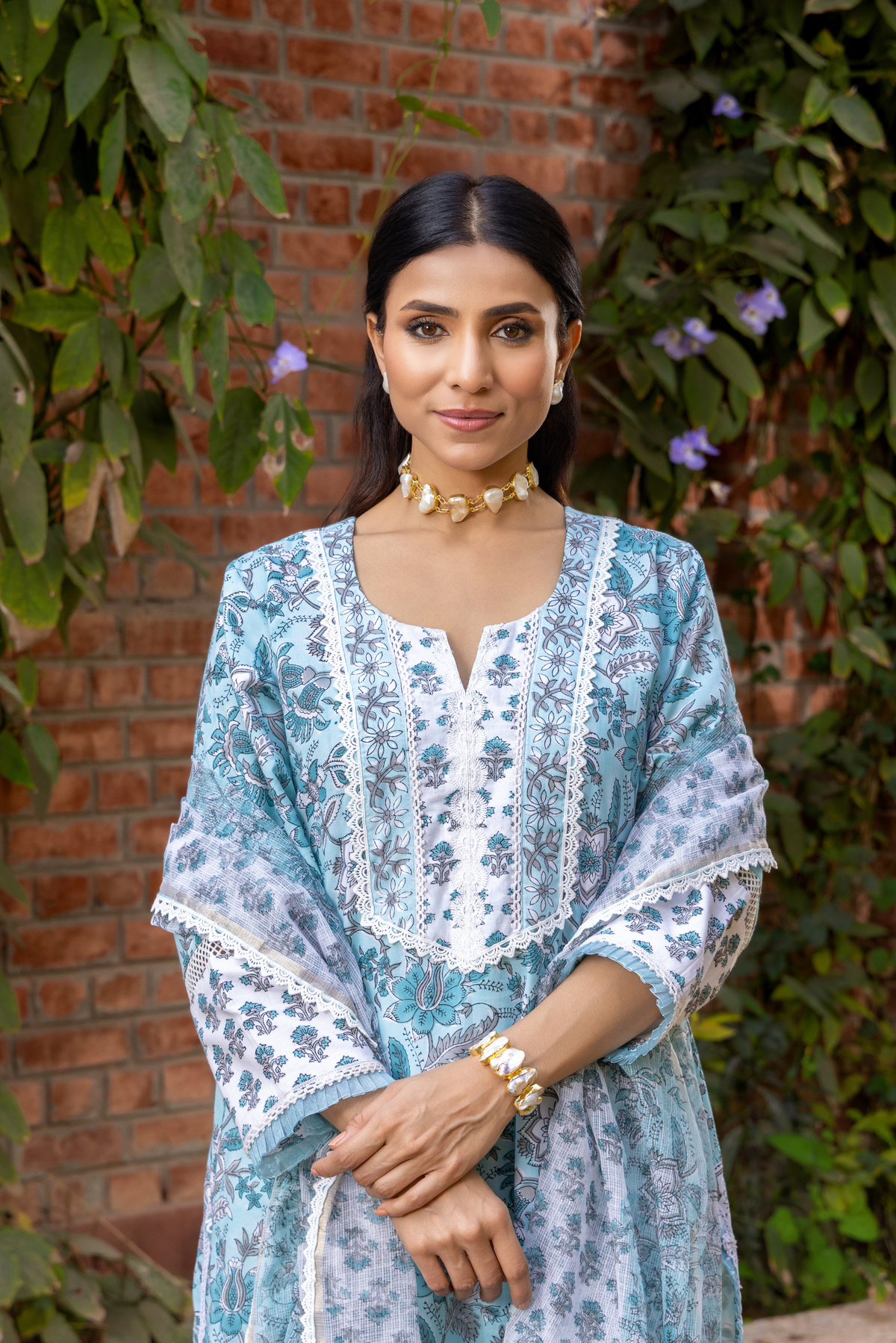 Naseebo Blue Mist Hand Block Printed Cotton Kurta Set