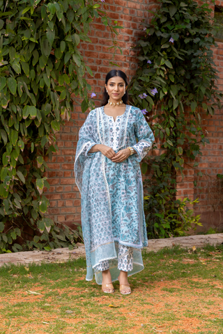 Naseebo Blue Mist Hand Block Printed Cotton Kurta Set