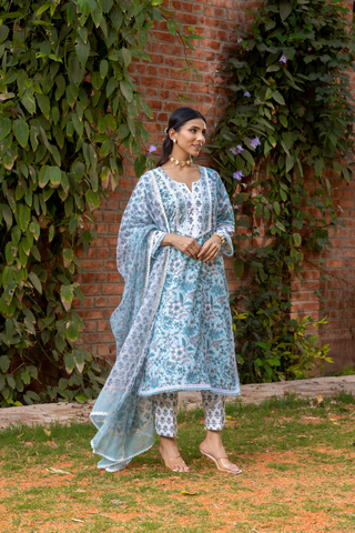 Naseebo Blue Mist Hand Block Printed Cotton Kurta Set
