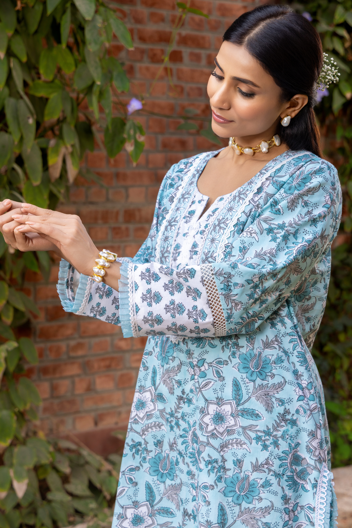 Naseebo Blue Mist Hand Block Printed Cotton Kurta Set