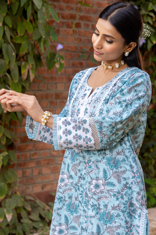 Naseebo Blue Mist Hand Block Printed Cotton Kurta Set