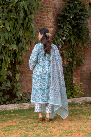 Naseebo Blue Mist Hand Block Printed Cotton Kurta Set