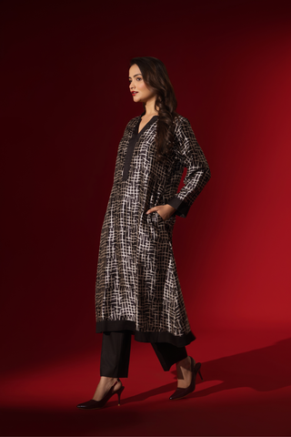 Naseebo Linear Tangle Ebony Ivory Silk Coord Set