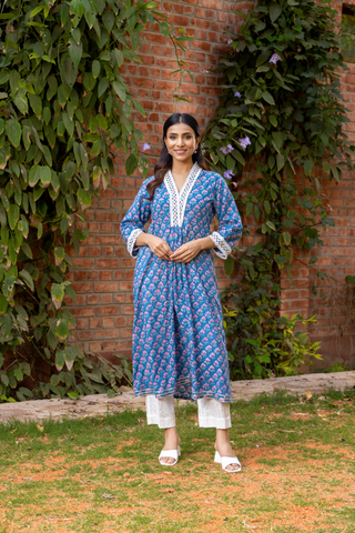 Naseebo Navy Serenity Hand Block Printed Cotton Kurta Set