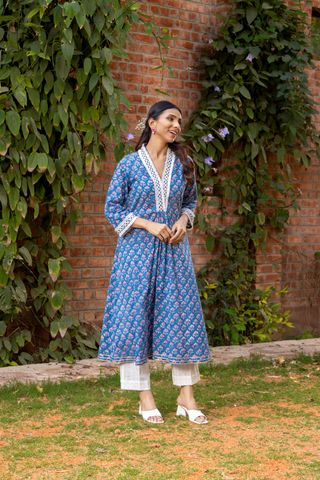Naseebo Navy Serenity Hand Block Printed Cotton Kurta Set