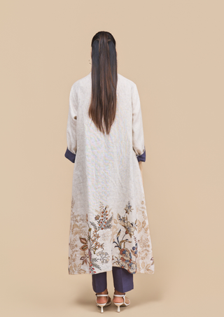 Naseebo Ella Blue Linen Floral Pleated Kurta Set