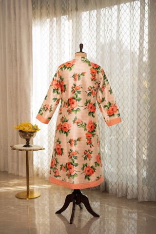 Cream Floral Printed Raw Silk Kurta With Pants