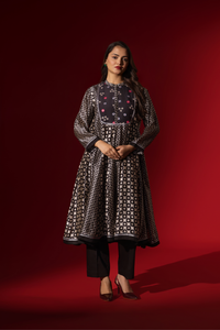 Naseebo Floral Mosaic Ebony Ivory Silk Anarkali Coord Set
