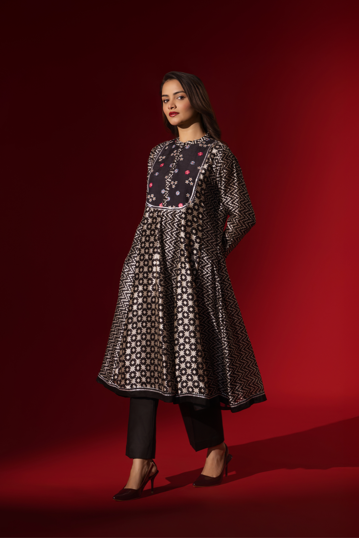 Naseebo Floral Mosaic Ebony Ivory Silk Anarkali Coord Set
