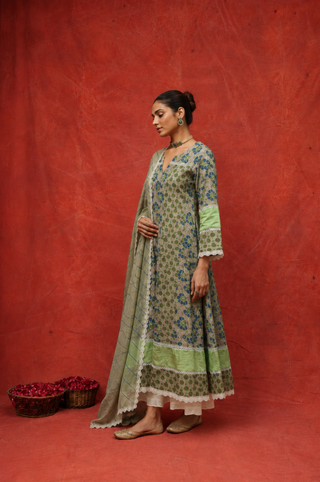 Naseebo Nafiza Green Block Printed Anarkali Kurta Set