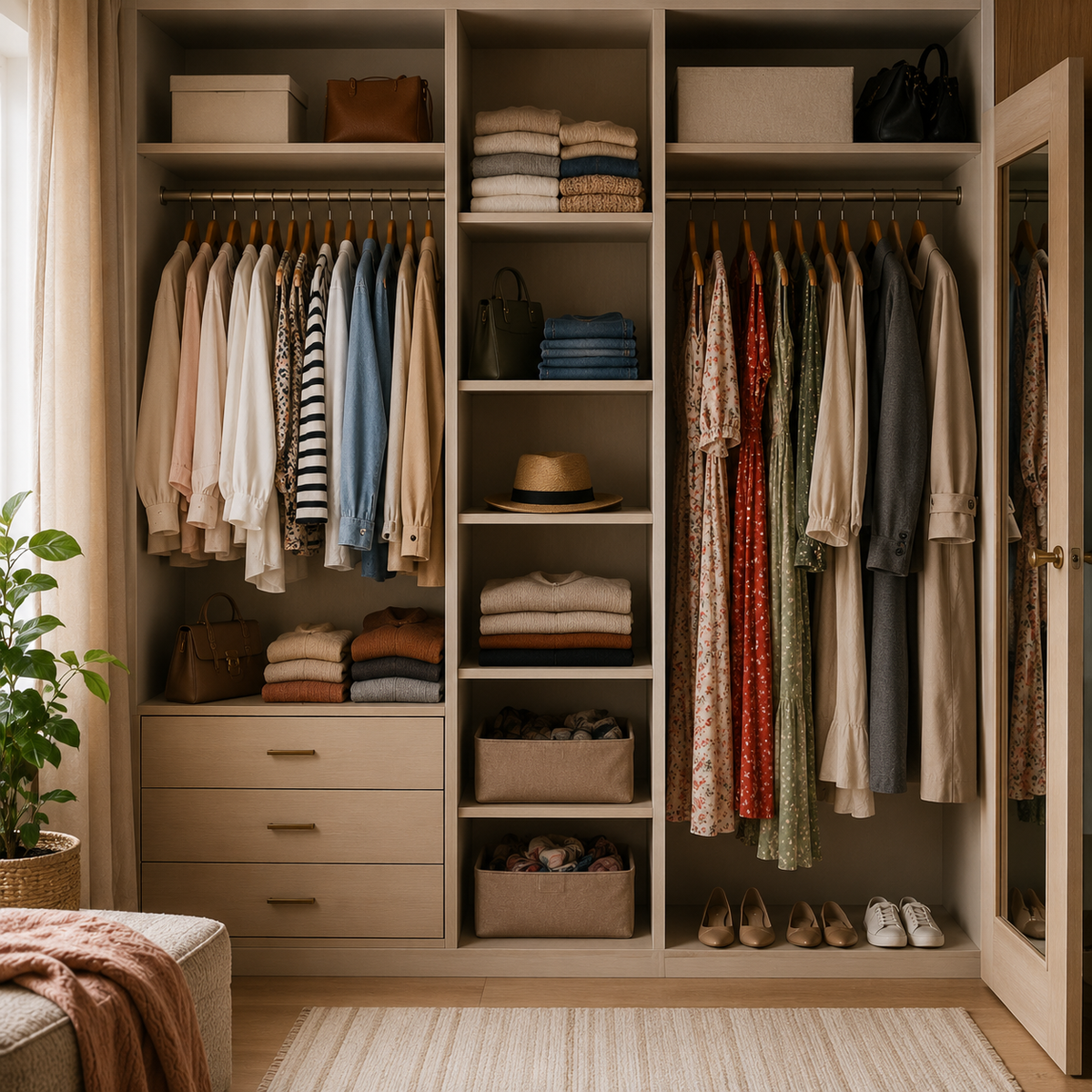 Organized walk-in wardrobe with clothes, shoes, and accessories.
