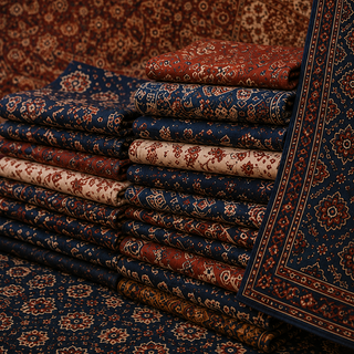 Stacked folded ajrakh patterned textiles, likely rugs or carpets, arranged on a surface with a matching patterned fabric draped over the side. The textiles feature ornate floral and geometric motifs in deep navy blue, rust red, beige, and brown tones.