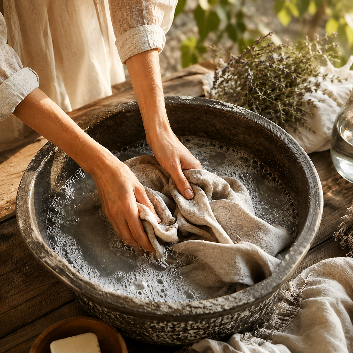 A person's hands washing a light beige linen cloth in a rustic dark stone basin filled with soapy water, set on a wooden table with dried herbs and a glass of water nearby.