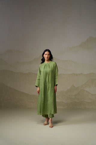 Naseebo Olive Green Linen Pleated Kurta Set