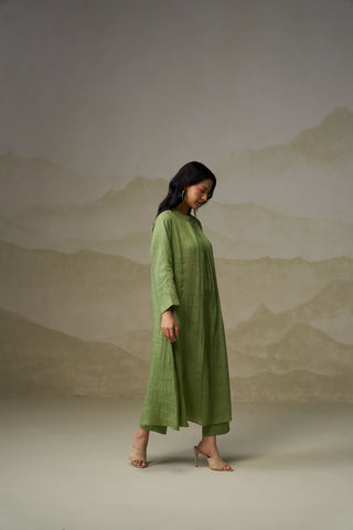 Naseebo Olive Green Linen Pleated Kurta Set