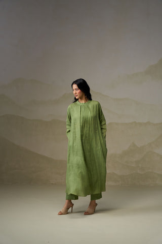 Naseebo Olive Green Linen Pleated Kurta Set