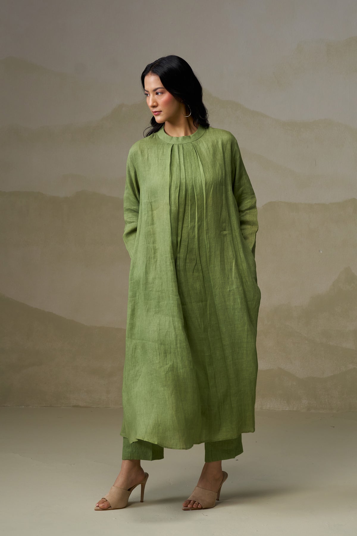 Naseebo Olive Calm Pleated Linen Co-ord Set