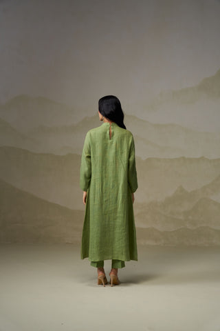 Naseebo Olive Green Linen Pleated Kurta Set