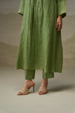 Naseebo Olive Green Linen Pleated Kurta Set