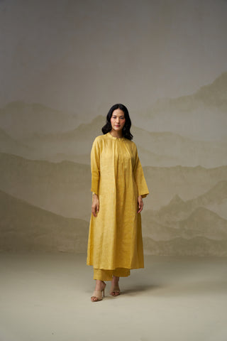 Mustard Linen Pleated Kurta Set