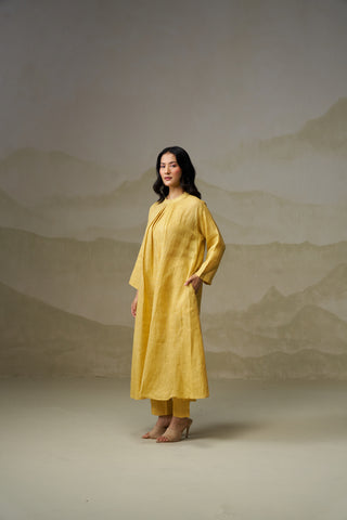 Mustard Linen Pleated Kurta Set
