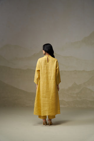Mustard Linen Pleated Kurta Set