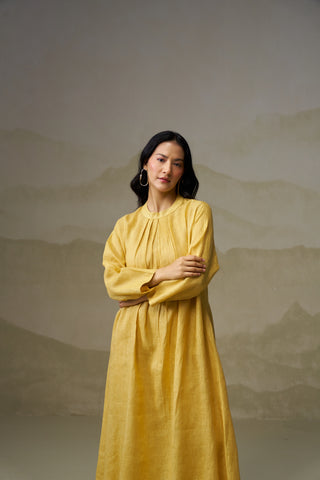 Mustard Linen Pleated Kurta Set