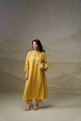 Mustard Linen Pleated Kurta Set