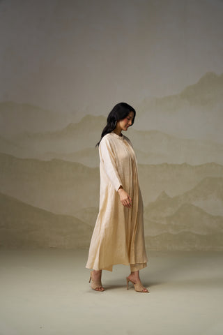 Beige Linen Pleated Kurta Set
