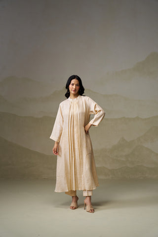 Beige Linen Pleated Kurta Set