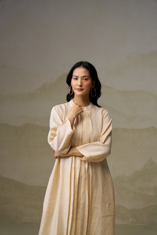 Beige Linen Pleated Kurta Set