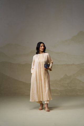 Beige Linen Pleated Kurta Set