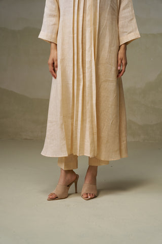 Beige Linen Pleated Kurta Set