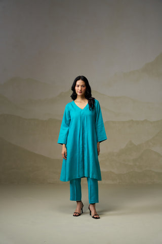 Turquoise Linen V-Neck Kurta Set