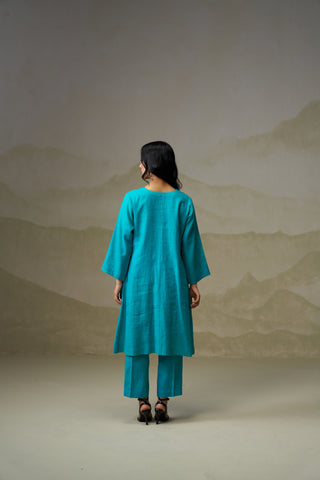 Turquoise Linen V-Neck Kurta Set