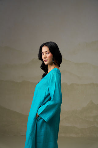 Turquoise Linen V-Neck Kurta Set
