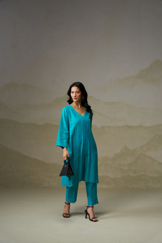 Turquoise Linen V-Neck Kurta Set