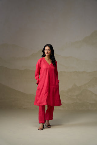 Crimson Linen V-Neck Kurta Set