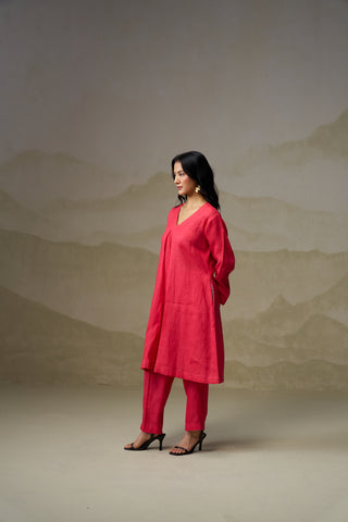 Crimson Linen V-Neck Kurta Set