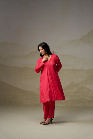Crimson Linen V-Neck Kurta Set