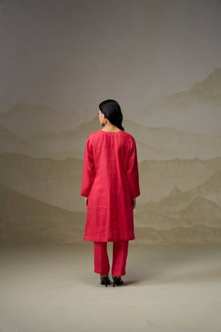 Crimson Linen V-Neck Kurta Set