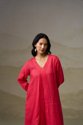Crimson Linen V-Neck Kurta Set