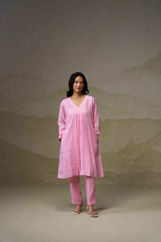 Blush Pink Linen V-Neck Kurta Set