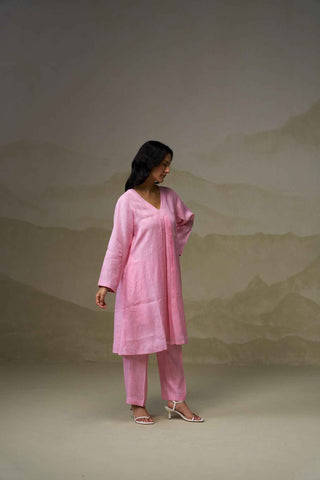Blush Pink Linen V-Neck Kurta Set