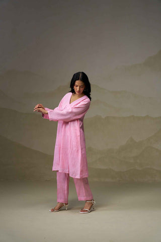 Blush Pink Linen V-Neck Kurta Set