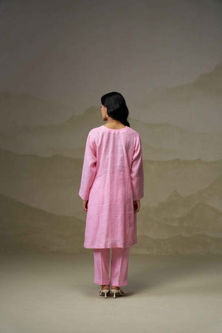 Blush Pink Linen V-Neck Kurta Set
